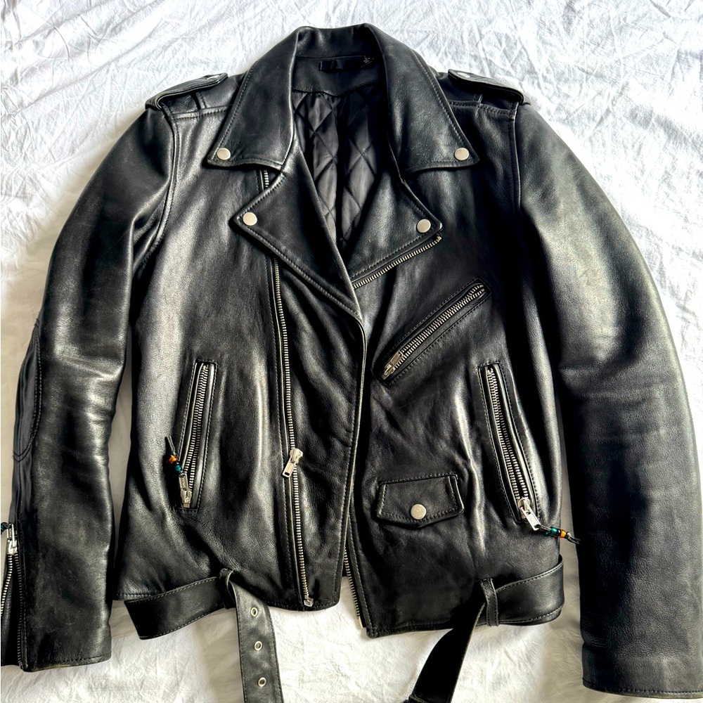 Classic Blk Denim Biker Leather Motorcycle Jacket  L